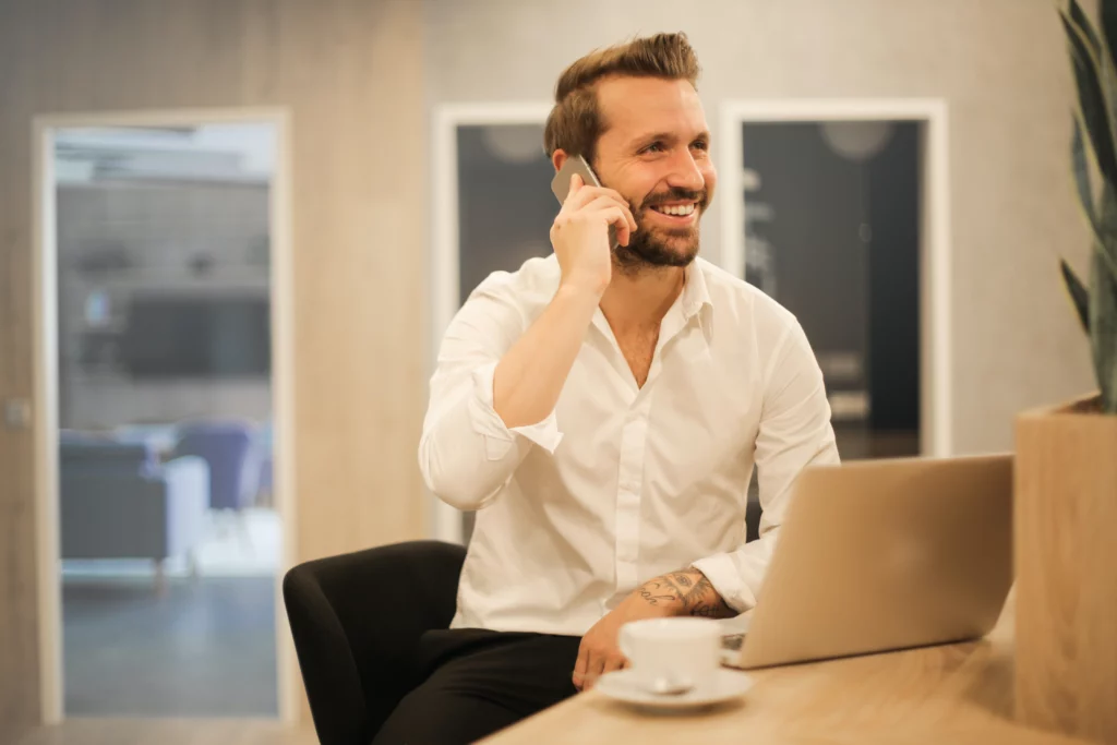 A man calling via a secure VoIP for reliable, secure, and uninterrupted communication.